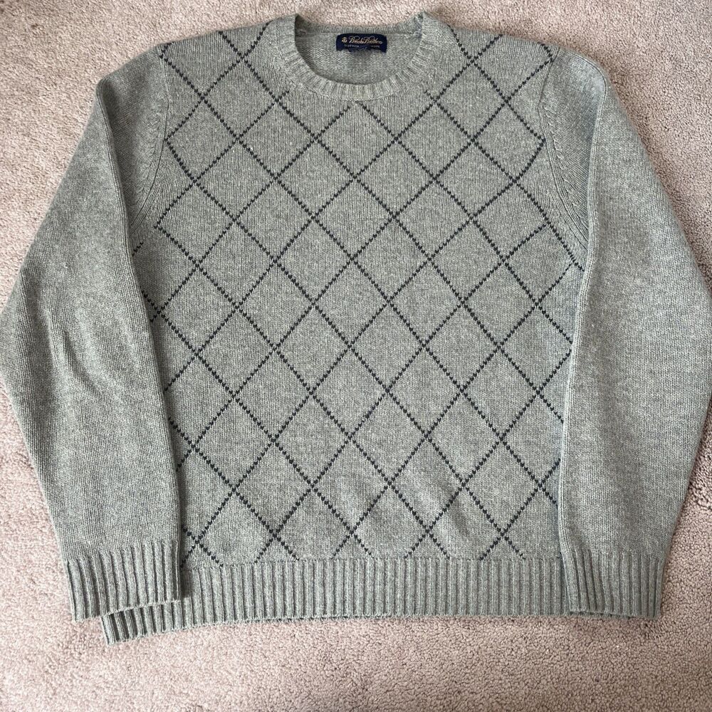Brooks Brothers Sweater Mens Large Scottish 100% Lambswool Diamond Green Preppy